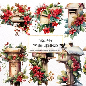 Aquarel Winter Mailboxen Clipart - schattige rustieke bloemen brievenbussen in PNG-formaat instant download voor commercieel gebruik