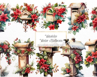 Watercolor Winter Mailboxes Clipart - cute rustic floral post boxes in PNG format instant download for commercial use