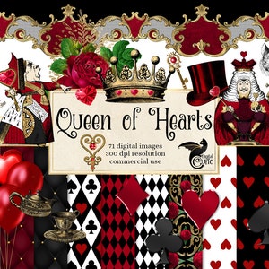 Kit de álbum de recortes digital Queen of Hearts - clip art vintage de Alice Adventures in Wonderland e papel digital, download instantâneo para uso comercial