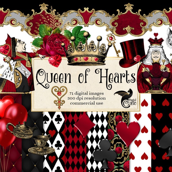 Queen of Hearts Digital Scrapbook Kit - vintage Alice Adventures in Wonderland clip art and digital paper instant download commercial use