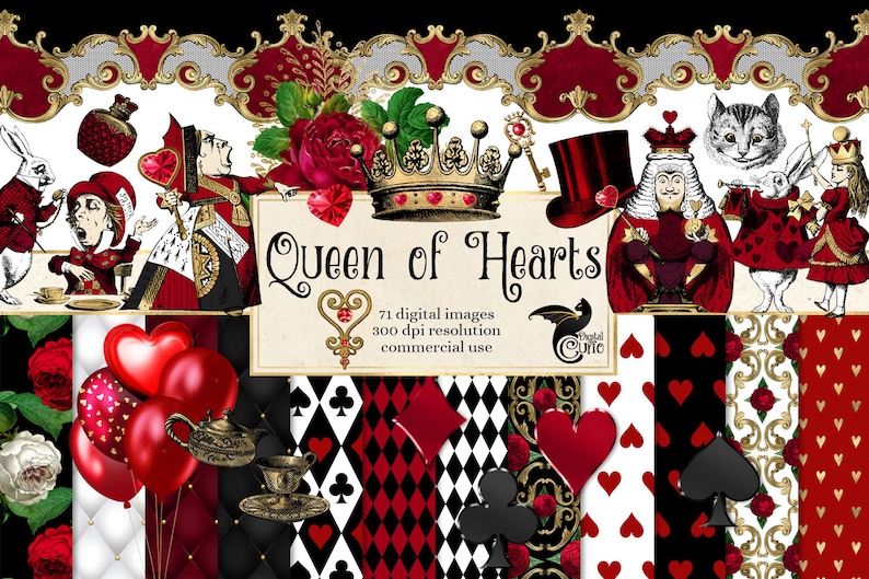 Queen of Hearts Digital Scrapbook Kit – Alice in Wonderland Clipart (Digital Download) image 1