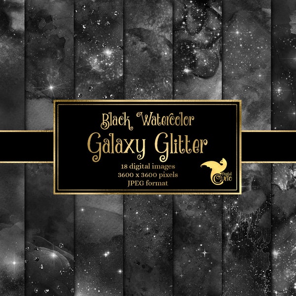 Digitalt papper med akvarellmotiv i svart galax – glitterstjärntexturer (digital nedladdning)