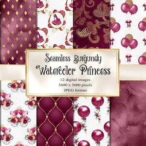 Carta digitale Borgogna Watercolor Princess - texture e motivi glam stampabili senza soluzione di continuità per uso commerciale con download istantaneo