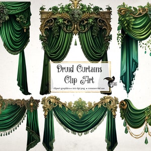 Druida Cortinas Clipart, bosque digital fantasía cortina telón de fondo gráficos clip art, cortinas de escenario, cortinas de teatro, superposiciones de cortina png