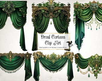 Druid Curtains Clipart, digital forest fantasy curtain backdrop clip art graphics, stage curtains, theater drapes, curtain png overlays