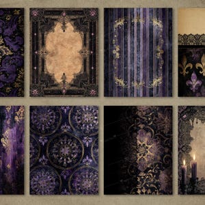 May include: Eight digital art prints with gothic and vintage designs. The prints display ornate patterns, including damask, fleur-de-lis, and floral motifs, in purple, black, and gold. Some prints have a textured, aged appearance, evoking a sense of history and elegance.