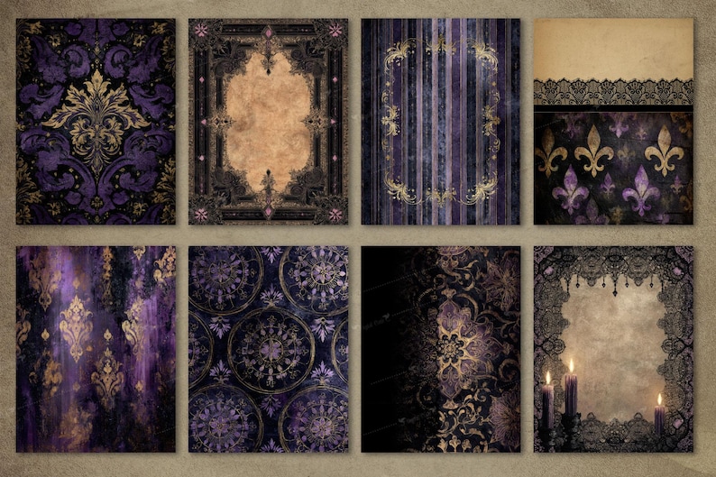 May include: Eight digital art prints with gothic and vintage designs. The prints display ornate patterns, including damask, fleur-de-lis, and floral motifs, in purple, black, and gold. Some prints have a textured, aged appearance, evoking a sense of history and elegance.