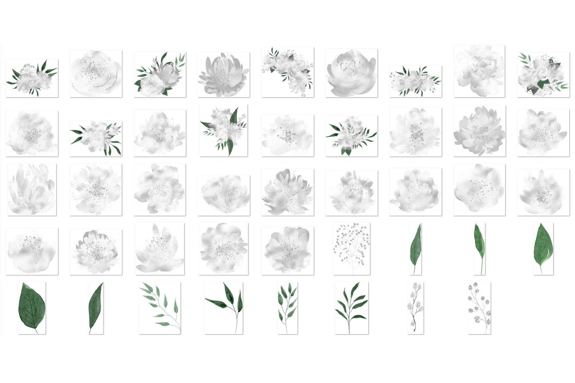 Silver Watercolor Flowers Clipart shimmering glitter Etsy