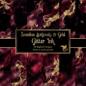 Carta digitale con inchiostro glitter bordeaux e oro, lamina liquida e sfondi senza cuciture con glitter oro