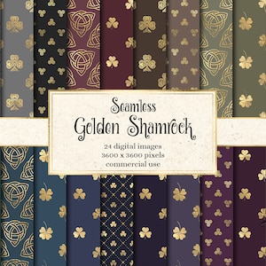 Digitalt papper med gyllene shamrock, sömlösa keltiska knutbakgrunder (digital nedladdning)