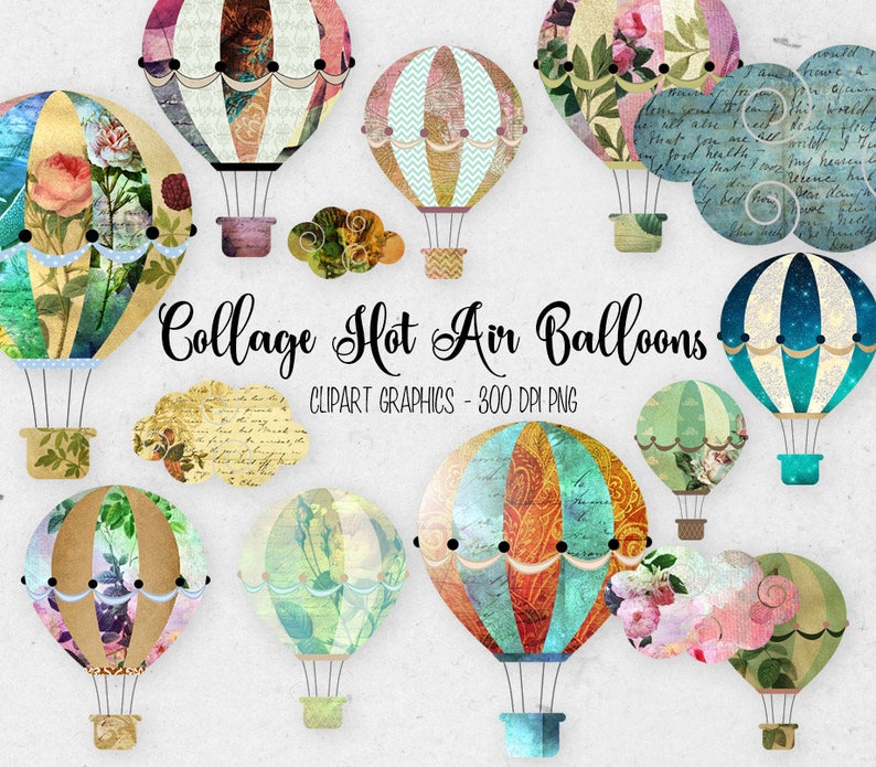 Heißluftballons Clipart Set Heißluftballon Clipart, Vintage Collage ClipArt, png sofortigen Download kommerzielle Nutzung Bild 1