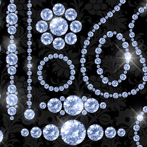 K&ouml;nnte beinhalten: Digitale Illustration von Diamantschmuck vor einem schwarzen Hintergrund mit floralem Muster. Die Diamanten sind in verschiedenen Formen angeordnet, darunter Str&auml;nge, Kreise und florale Designs, mit hellen Glanzlichtern.