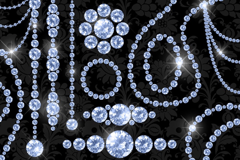 K&ouml;nnte beinhalten: Digitale Illustration von Diamantschmuck vor einem schwarzen Hintergrund mit floralem Muster. Die Diamanten sind in verschiedenen Formen angeordnet, darunter Str&auml;nge, Kreise und florale Designs, mit hellen Glanzlichtern.