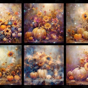 May include: A collage of six images featuring autumnal still life arrangements. Each image showcases a bouquet of sunflowers and pumpkins, with a soft, dreamy background. The images are arranged in a grid pattern, creating a cohesive and visually appealing composition.