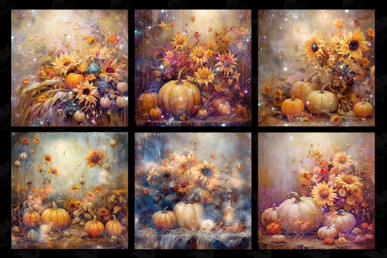 May include: A collage of six images featuring autumnal still life arrangements. Each image showcases a bouquet of sunflowers and pumpkins, with a soft, dreamy background. The images are arranged in a grid pattern, creating a cohesive and visually appealing composition.
