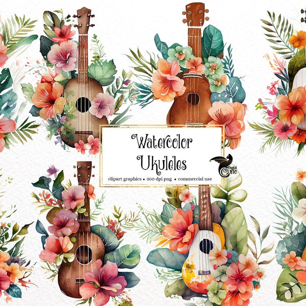 Watercolor Ukulele Clipart - floral Hawaiian music clip art PNG format instant download for commercial use