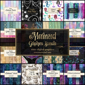 May include: A collection of digital graphics with a mermaid theme. The image features various designs, including mermaids, scales, and underwater scenes. The central graphic reads "Mermaid Graphics Bundle" with "400+ digital graphics commercial use".