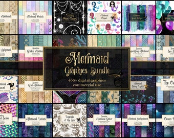 Mermaid Graphics Bundle, mermaid clipart nautical digital paper commercial use patterns and backgrounds