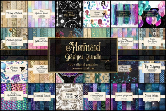 Mermaid Graphics Bundle, mermaid clipart nautical digital paper commercial use patterns and backgrounds