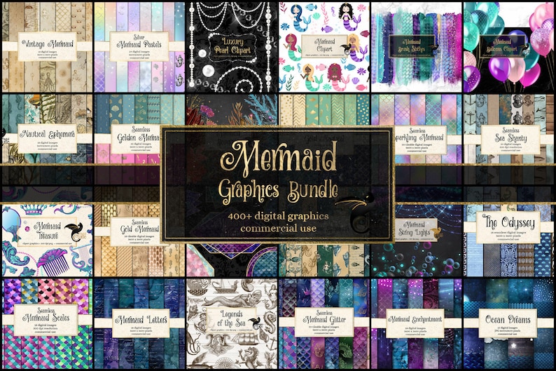 May include: A collection of digital graphics with a mermaid theme. The image features various designs, including mermaids, scales, and underwater scenes. The central graphic reads "Mermaid Graphics Bundle" with "400+ digital graphics commercial use".