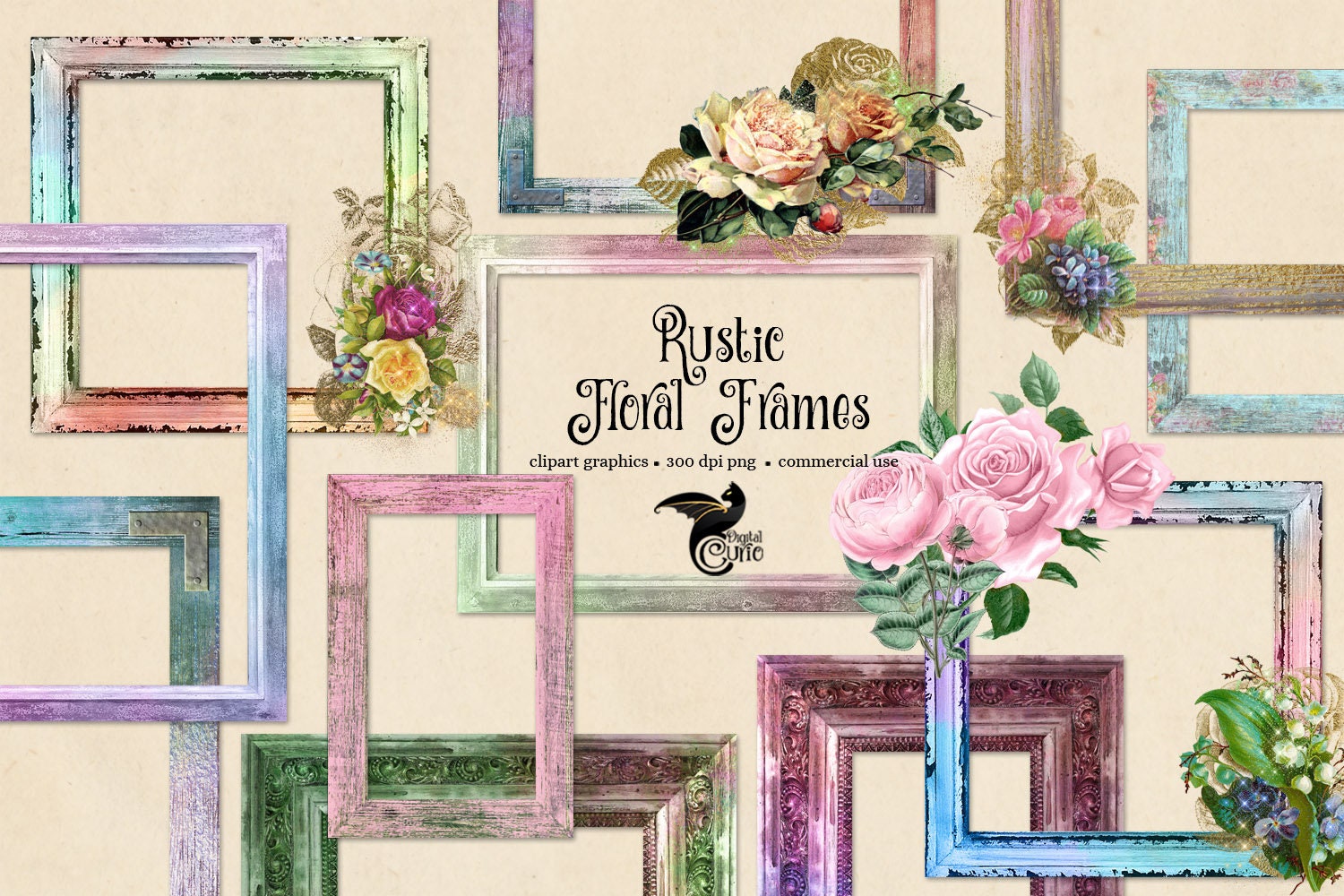 Rustic Floral Frames Clip Art digital photo frames wood | Etsy