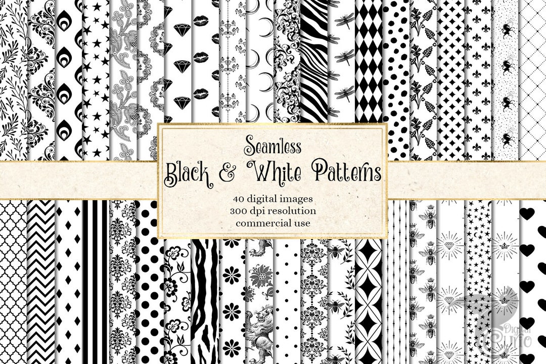 Black and White Digital Paper, Seamless Patterns Printable Scrapbook ...