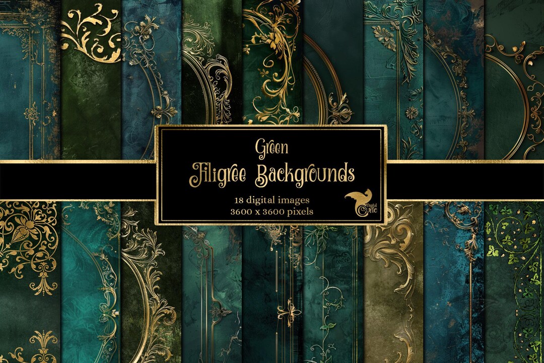 Green Filigree Backgrounds Digital Paper - Dark Green Woodland Fantasy ...