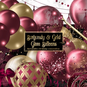 Burgundy and Gold Glam Balloons Clipart - digital clip art graphics for party invitations and commercial use designs