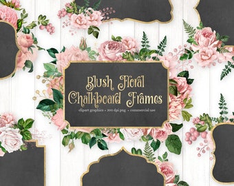 Blush Pink Floral Chalkboard Frames Clipart, Gold Foil (Digital Download)