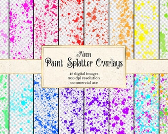 Neon Paint Splatter Overlays - digital graphics in PNG format instant download for commercial use