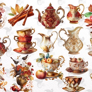 May include: A collection of vintage-style teacups, teapots, and creamer pitchers with intricate gold and red designs. The image also includes apples, cinnamon sticks, and floral arrangements.