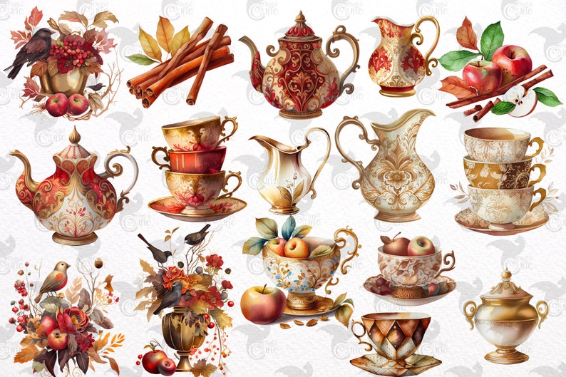 May include: A collection of vintage-style teacups, teapots, and creamer pitchers with intricate gold and red designs. The image also includes apples, cinnamon sticks, and floral arrangements.