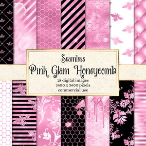 Pink Glam Honeycomb Digital Paper, seamless patterns, honey bee backgrounds, glitter bee printable scrapbook paper, commercial use
