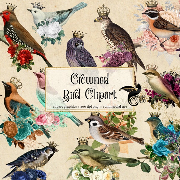 Crowned Birds Clipart, vintage antique bird clip art graphics, princess birds and royal queen birds for commercial use instant download