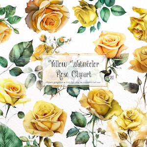 Yellow Watercolor Roses Clipart - floral roses and leaves in PNG format instant download for commercial use