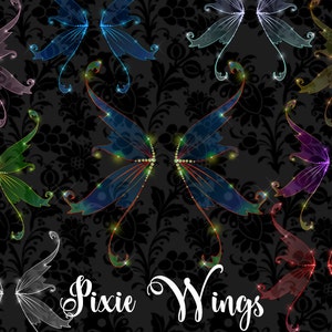 May include: A set of colourful, sparkly pixie wings against a black background. The wings are translucent and come in a variety of colours, including blue, green, purple, red, and white. The text "Pixie Wings" is written in white cursive at the bottom of the image.