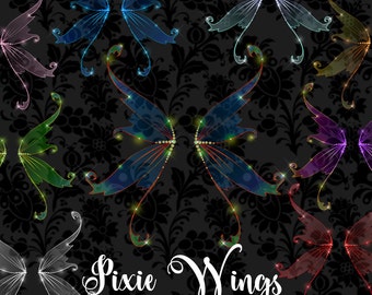 Pixie Wings Clipart, Fairy wings clip art, digital scrapbook collage, aceo fairy photo overlays, magic fantasy iridescent wings digital png