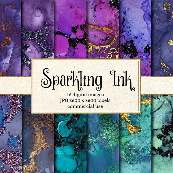 Sparkling Ink Textures, glitter paint textures, liquid digital paper, watercolor night sky and ocean backgrounds, alcohol ink splatters