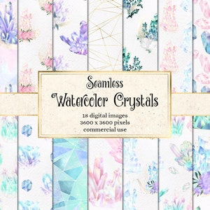 Watercolor Crystals Digital Paper, seamless patterns with rainbow galaxy crystals and moons instant download scrapbook paper commercial use image 1