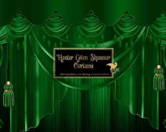 Hunter Green Shimmer Curtains Clipart, digital curtain backdrop clip art graphics, stage curtains, theater drapes, curtain png overlays