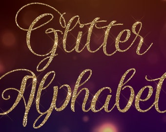 Clipart de alfabeto cursivo com glitter dourado – Números e letras (PNG)