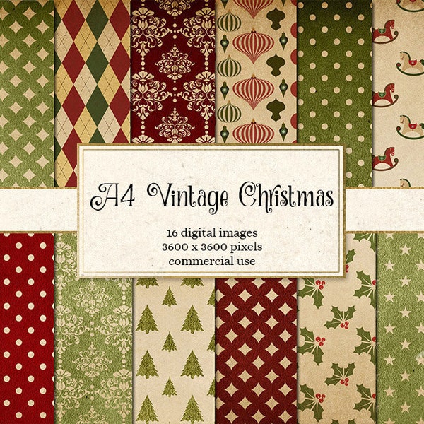 A4 Vintage Christmas Digital Paper - 16 Pack Premium Digital Paper Christmas Holiday Patterns, Red and Green Scrapbook Paper Backgrounds