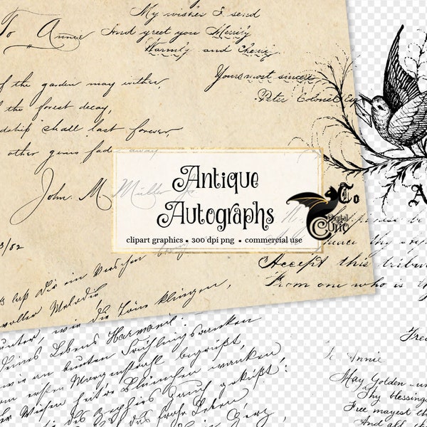 Antique Autograph Overlays, digital ephemera vintage handwriting text in PNG format instant download clip art for commercial use
