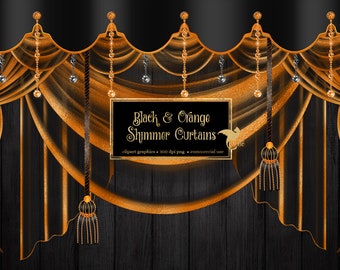 Black and Orange Shimmer Curtains Clipart, digital curtain backdrop clip art graphics, stage curtains, theater drapes, curtain png overlays