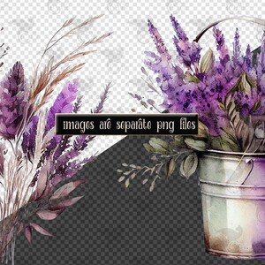 May include: A watercolor painting of a bouquet of lavender flowers in a metal bucket. The flowers are a light purple color and the bucket is a silver color with a purple hue.