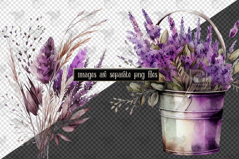 May include: A watercolor painting of a bouquet of lavender flowers in a metal bucket. The flowers are a light purple color and the bucket is a silver color with a purple hue.