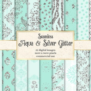 Aqua and Silver Glitter Digital Paper, Seamless Pastel Mint Green Baby ...