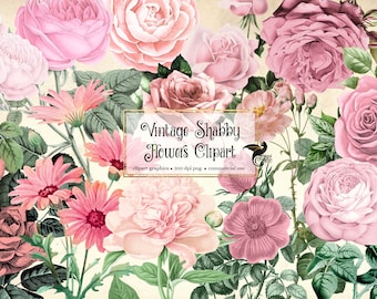 Clipart z różą w stylu vintage shabby rose, antyczne ilustracje kwiatowe (PNG, pobieranie cyfrowe)