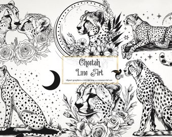 Gepard Line Art Clipart – Grafik och Collageark (Digital Nedladdning)