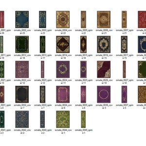 Op de afbeelding: Een verzameling van 24 sierlijke boekomslagen met gouden en rode accenten. De omslagen tonen verschillende patronen en ontwerpen, waaronder bloemmotieven, geometrische vormen en ingewikkelde randen.